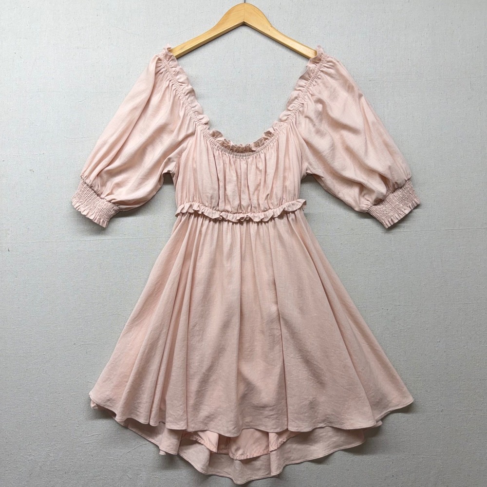 Pink Linen Blend Puff Sleeve Mini Dress OpenBack L Cottagecore Coquette Babydoll - Picture 3 of 13